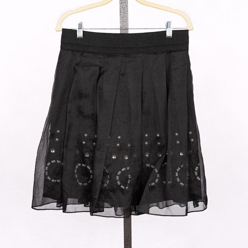 DKNY Sheer Black Silk Over Beaded Wool Skirt Size 2 Artsy Elegant Event Whimsy